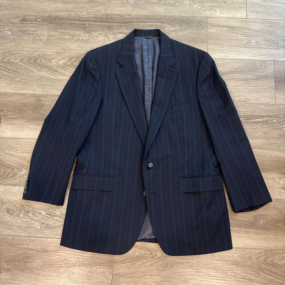 Vintage 80s Norman Hilton Mens Navy Blue Wool Pinstripe 2 Pc Suit 43R W36
